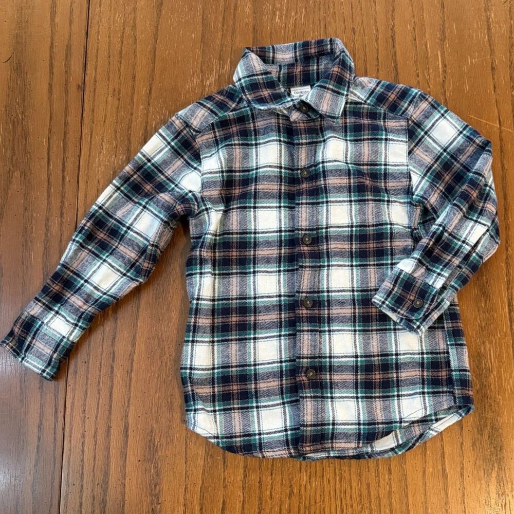 OshKosh B'gosh Toddler Boys 2T Plaid Flannel Shirt Green Navy Brown Cotton